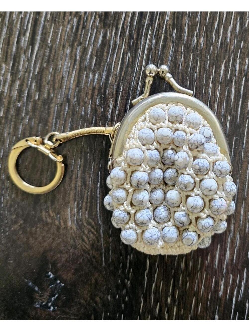 Vintage Crochet Beaded Coin Purse With Key Chain Handmade In Hong Kong